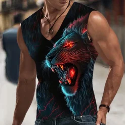 Men's Graphic Animal Lion Vest Top Sleeveless T Shirt for Men Sleeveless T shirt 3D Print V Neck Shirt Designer Casual Muscle Sports Running Gym Blue Orange Green Spring & Summer Clothing Apparel S M