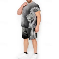 Men's Graphic Animal Lion 2pcs Tees sets Matching Sets Short Sleeve Short Pants Crew Neck Fashion Designer Comfortable Outdoor Casual Daily Print Spring & Summer Blue Red Brown