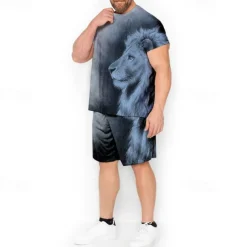 Men's Graphic Animal Lion 2pcs Tees sets Matching Sets Short Sleeve Short Pants Crew Neck Fashion Designer Comfortable Outdoor Casual Daily Print Spring & Summer Blue Red Brown