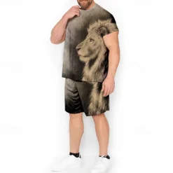 Men's Graphic Animal Lion 2pcs Tees sets Matching Sets Short Sleeve Short Pants Crew Neck Fashion Designer Comfortable Outdoor Casual Daily Print Spring & Summer Blue Red Brown