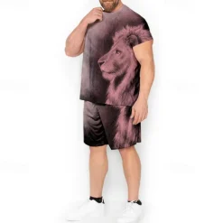 Men's Graphic Animal Lion 2pcs Tees sets Matching Sets Short Sleeve Short Pants Crew Neck Fashion Designer Comfortable Outdoor Casual Daily Print Spring & Summer Blue Red Brown