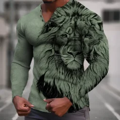 Men's Graphic Animal Lion Henley Shirt Waffle T Shirt Long Sleeve 3D Print Fashion Designer Casual Sports Outdoor Holiday Festival Spring & Fall Blue Green Khaki Gray Henley Henley T-Shirt