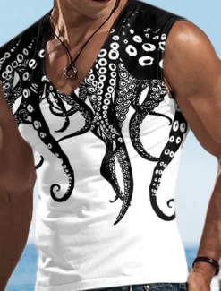 Men's Graphic Animal Octopus Tank Top Vest Top Sleeveless T Shirt for Men Sleeveless T shirt 3D Print V Neck Shirt Designer Casual Muscle Sports Running Gym Black Yellow Blue Spring & Summer Clothing