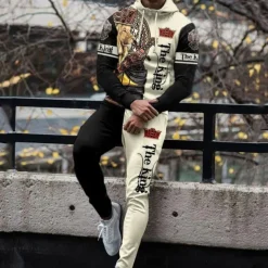 Men's Graphic Animal 2pcs 3D Sweatshirt Sets Tracksuit Hoodies Long Sleeve Long pants Hooded Streetwear Designer Basic Sports & Outdoor Casual Sports Zipper Spring Fall White Yellow Blue