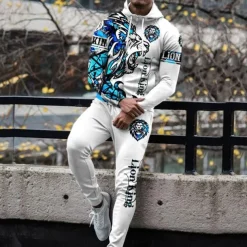 Men's Graphic Animal 2pcs 3D Sweatshirt Sets Tracksuit Hoodies Long Sleeve Long pants Hooded Streetwear Designer Basic Sports & Outdoor Casual Sports Zipper Spring Fall White Yellow Blue