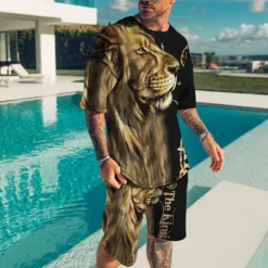 Men's Graphic Animal 2pcs Tees sets Matching Sets Short Sleeve Short Pants Crew Neck Fashion Lightweight Basic Street Daily Sports Print Summer Spring Orange Brown Green