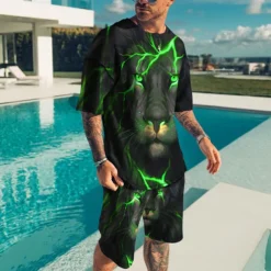 Men's Graphic Animal 2pcs Tees sets Matching Sets Short Sleeve Short Pants Crew Neck Fashion Lightweight Basic Street Daily Sports Print Summer Spring Orange Brown Green