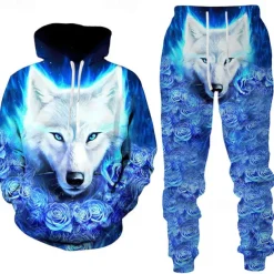 Men's Graphic Animal Wolf 2pcs 3D Sweatshirt Sets Tracksuit Hoodies Long Sleeve Long pants Hooded Streetwear Designer Basic Sports & Outdoor Casual Sports Print Spring Fall Black White Blue