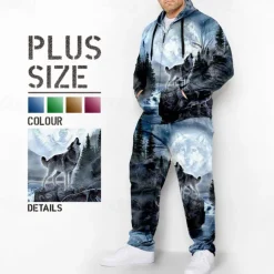 Men's Graphic Animal Wolf 2pcs 3D Sweatshirt Sets Hoodie Tracksuit Long Sleeve Long pants Hooded Fashion Designer Casual Daily Sports Going out 3D Print Spring & Fall Pink Blue Orange