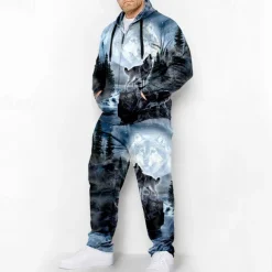 Men's Graphic Animal Wolf 2pcs 3D Sweatshirt Sets Hoodie Tracksuit Long Sleeve Long pants Hooded Fashion Designer Casual Daily Sports Going out 3D Print Spring & Fall Pink Blue Orange