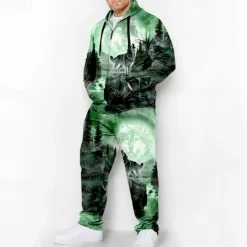 Men's Graphic Animal Wolf 2pcs 3D Sweatshirt Sets Hoodie Tracksuit Long Sleeve Long pants Hooded Fashion Designer Casual Daily Sports Going out 3D Print Spring & Fall Pink Blue Orange