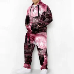 Men's Graphic Animal Wolf 2pcs 3D Sweatshirt Sets Hoodie Tracksuit Long Sleeve Long pants Hooded Fashion Designer Casual Daily Sports Going out 3D Print Spring & Fall Pink Blue Orange