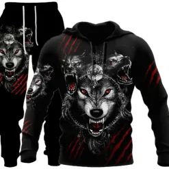 Men's Graphic Animal Wolf 2pcs 3D Sweatshirt Sets Tracksuit Hoodies Long Sleeve Long pants Hooded Streetwear Designer Basic Sports & Outdoor Casual Sports Print Spring Fall Black