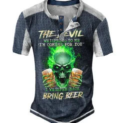 Men's Graphic Beer Skulls Henley Shirt Tee Short Sleeve 3D Print Fashion Designer Comfortable Outdoor Casual Daily Summer Black Navy Blue Purple Brown Green Henley Henley T-Shirt