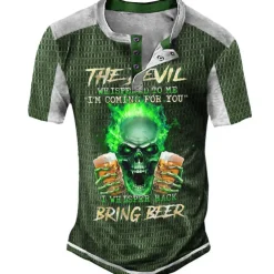 Men's Graphic Beer Skulls Henley Shirt Tee Short Sleeve 3D Print Fashion Designer Comfortable Outdoor Casual Daily Summer Black Navy Blue Purple Brown Green Henley Henley T-Shirt