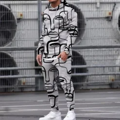 Men's Graphic Cartoon Abstract 2pcs 3D Sweatshirt Sets Tracksuit Hoodies Long Sleeve Long pants Hooded Streetwear Sportswear Basic Sports & Outdoor Casual Sports Print Front Pocket Spring Fall Gray