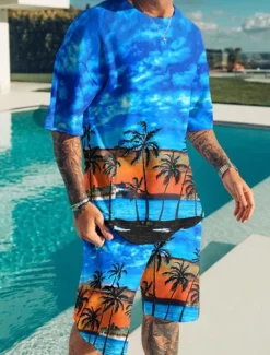 Men's Graphic Coconut Tree Beach 2pcs Tees sets Matching Sets Short Sleeve Short Pants Crew Neck Hawaiian Designer Casual Outdoor Vacation Daily 3D Print Spring & Summer White Blue Dark Green