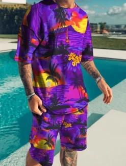 Men's Graphic Coconut Tree Beach 2pcs Tees sets Matching Sets Short Sleeve Short Pants Crew Neck Hawaiian Designer Casual Outdoor Vacation Daily 3D Print Spring & Summer White Blue Dark Green