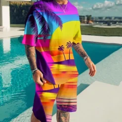 Men's Graphic Coconut Tree 2pcs Tees sets Matching Sets Short Sleeve Short Pants Crew Neck Designer Casual Comfortable Outdoor Vacation Daily 3D Print Spring & Summer Yellow Blue Purple