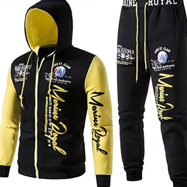 Men's Graphic Color Block Letter 2pcs 3D Sweatshirt Sets Hoodie Tracksuit Long Sleeve Long pants Hooded Streetwear Designer Casual Sports & Outdoor Casual Sports Zipper Print Spring Fall Yellow Blue