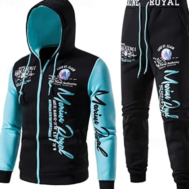 Men's Graphic Color Block Letter 2pcs 3D Sweatshirt Sets Hoodie Tracksuit Long Sleeve Long pants Hooded Streetwear Designer Casual Sports & Outdoor Casual Sports Zipper Print Spring Fall Yellow Blue