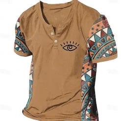 Men's Graphic Color Block Tribal T Shirt Henley Shirt Short Sleeve 3D Printing Designer Ethnic Classic Outdoor Vacation Daily Spring & Summer Dark Brown Blue Sky Blue Brown Green V Neck Henley T-Shirt