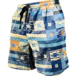 Men's Graphic Color Block Patchwork Shorts Summer Shorts Beach Shorts Mid Waist Streetwear Hawaiian Designer Casual Daily Holiday Drawstring Elastic Waist 3D Print Designer Clothing Apparel