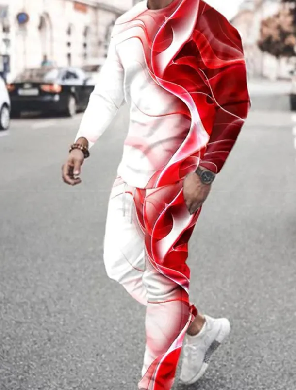 Men's Graphic Color Block 2pcs 3D Sweatshirt Sets Tracksuit Long Sleeve Long pants Crew Neck Streetwear Sportswear Basic Sports & Outdoor Casual Sports Print Spring Fall Black Red Blue