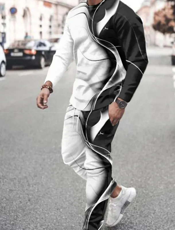 Men's Graphic Color Block 2pcs 3D Sweatshirt Sets Tracksuit Long Sleeve Long pants Crew Neck Streetwear Sportswear Basic Sports & Outdoor Casual Sports Print Spring Fall Black Red Blue