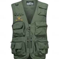 Men's Graphic Cow Vest Waistcoat Gilet Tactical Practical Removable Casual Sports Outdoor Fishing Photography Mesh Quick Dry Double Layered Fall Winter Collarless Sleeveless khaki Army Green