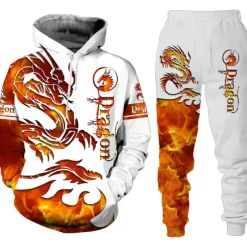 Men's Graphic Dragon 2pcs 3D Sweatshirt Sets Tracksuit Hoodies Long Sleeve Long pants Hooded Streetwear Designer Basic Sports & Outdoor Casual Sports Print Spring Fall Red Orange