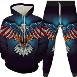 Men's Graphic Eagle 2pcs 3D Sweatshirt Sets Tracksuit Hoodies Long Sleeve Long pants Hooded Streetwear Basic Casual Sports & Outdoor Casual Sports Print Spring Fall Black White Red