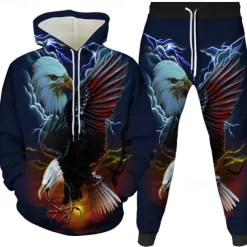 Men's Graphic Eagle 2pcs 3D Sweatshirt Sets Tracksuit Hoodies Long Sleeve Long pants Hooded Streetwear Basic Casual Sports & Outdoor Casual Sports Print Spring Fall Black White Red