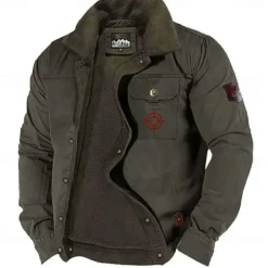 Men's Graphic Embroidered Fleece Jacket Sherpa Trucker Jacket Work Cargo Jacket Turn-Down Collar Warm Winter Cotton Jacket Vintage Casual Going Out Coat Multi-Pockets