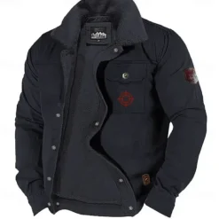 Men's Graphic Embroidered Fleece Jacket Sherpa Trucker Jacket Work Cargo Jacket Turn-Down Collar Warm Winter Cotton Jacket Vintage Casual Going Out Coat Multi-Pockets