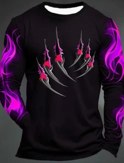 Men's Graphic Flame Paw T shirt Long Sleeve T shirt 3D Print Crew Neck Shirt Fashion Designer Casual Sports Outdoor Holiday Going out Black Yellow Dark Green Spring & Fall Clothing Apparel S M L XL