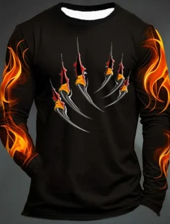 Men's Graphic Flame Paw T shirt Long Sleeve T shirt 3D Print Crew Neck Shirt Fashion Designer Casual Sports Outdoor Holiday Going out Black Yellow Dark Green Spring & Fall Clothing Apparel S M L XL
