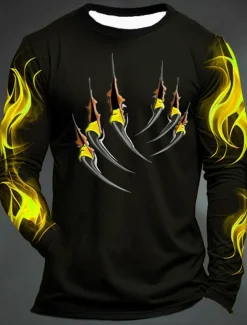 Men's Graphic Flame Paw T shirt Long Sleeve T shirt 3D Print Crew Neck Shirt Fashion Designer Casual Sports Outdoor Holiday Going out Black Yellow Dark Green Spring & Fall Clothing Apparel S M L XL