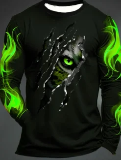 Men's Graphic Flame Paw T shirt Long Sleeve T shirt 3D Print Crew Neck Shirt Fashion Designer Casual Sports Outdoor Holiday Going out Black Yellow Dark Green Spring & Fall Clothing Apparel S M L XL