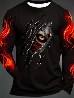 Men's Graphic Flame Paw T shirt Long Sleeve T shirt 3D Print Crew Neck Shirt Fashion Designer Casual Sports Outdoor Holiday Going out Black Yellow Dark Green Spring & Fall Clothing Apparel S M L XL