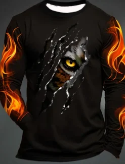 Men's Graphic Flame Paw T shirt Long Sleeve T shirt 3D Print Crew Neck Shirt Fashion Designer Casual Sports Outdoor Holiday Going out Black Yellow Dark Green Spring & Fall Clothing Apparel S M L XL