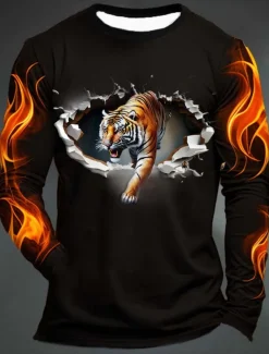 Men's Graphic Flame Paw T shirt Long Sleeve T shirt 3D Print Crew Neck Shirt Fashion Designer Casual Sports Outdoor Holiday Going out Black Yellow Dark Green Spring & Fall Clothing Apparel S M L XL