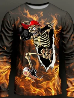 Men's Graphic Flame Skeleton T shirt Long Sleeve T shirt 3D Print Crew Neck Shirt Fashion Designer Casual Sports Outdoor Holiday Going out Red Purple Orange Spring & Fall Clothing Apparel S M L XL