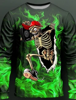 Men's Graphic Flame Skeleton T shirt Long Sleeve T shirt 3D Print Crew Neck Shirt Fashion Designer Casual Sports Outdoor Holiday Going out Red Purple Orange Spring & Fall Clothing Apparel S M L XL