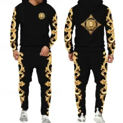 Men's Graphic Florals 2pcs 3D Sweatshirt Sets Tracksuit Hoodies Long Sleeve Long pants Hooded Streetwear Designer Basic Sports & Outdoor Casual Sports Print Spring Fall Black+Brown Black Gold