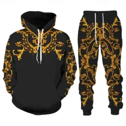 Men's Graphic Florals 2pcs 3D Sweatshirt Sets Tracksuit Hoodies Long Sleeve Long pants Hooded Streetwear Designer Basic Sports & Outdoor Casual Sports Print Spring Fall Black+Brown Black Gold