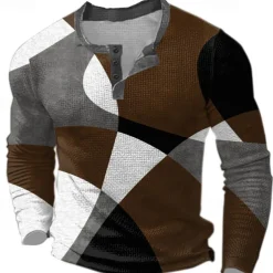 Men's Graphic Geometric Color Block Waffle Henley Shirt Casual Style Classic Style Long Sleeve Fashion Designer Basic Outdoor Daily Spring & Fall Blue Burgundy Brown Green Henley Henley T-Shirt