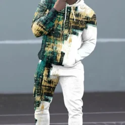 Men's Graphic Geometric 2pcs 3D Sweatshirt Sets Tracksuit Hoodies Long Sleeve Long pants Hooded Streetwear Sportswear Basic Sports & Outdoor Casual Sports Print Spring Fall Black And White Black White