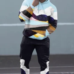 Men's Graphic Geometric 2pcs 3D Sweatshirt Sets Tracksuit Hoodies Long Sleeve Long pants Hooded Streetwear Sportswear Basic Sports & Outdoor Casual Sports Print Spring Fall Black And White Black White