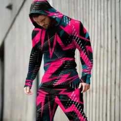 Men's Graphic Geometric 2pcs 3D Sweatshirt Sets Tracksuit Hoodies Long Sleeve Long pants Hooded Streetwear Sportswear Basic Sports & Outdoor Casual Sports Print Spring Fall Yellow Light Green Pink